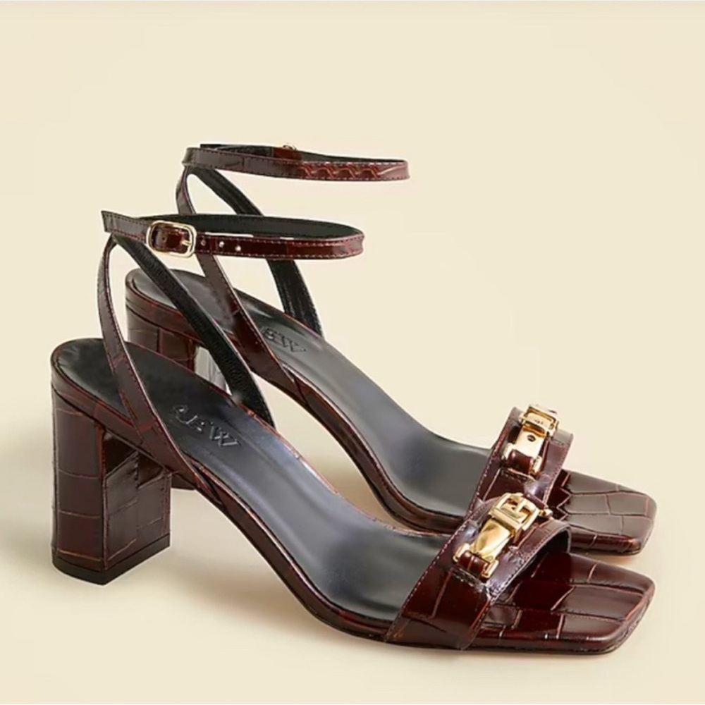 J. Crew Brown/Espresso Heeled Sandals with Gold Accents